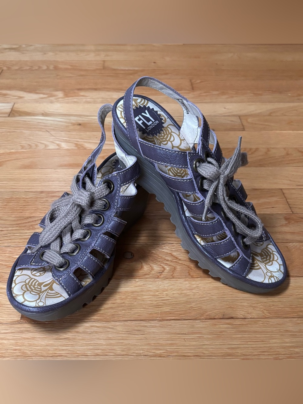 Fly London Yito Metallic Purple Leather Caged Lace-Up Wedge Sandals